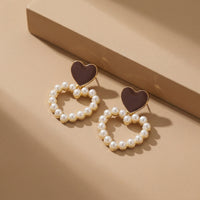 Chic Gold Plated Brown Enamel Heart Stud Earrings with Pearl-Encrusted Heart Dangle