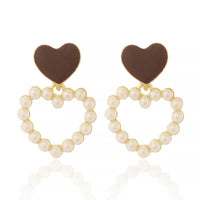 Chic Gold Plated Brown Enamel Heart Stud Earrings with Pearl-Encrusted Heart Dangle