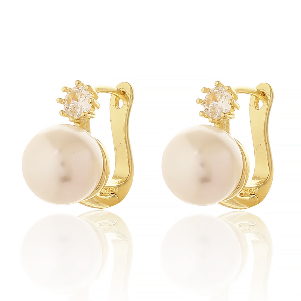Elegant Gold Plated Pearl Hoop Earrings with Sparkling Solitaire Zirconia Accent
