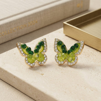 Vibrant Gold Plated Green Gradient Butterfly Stud Earrings with Crystal Border