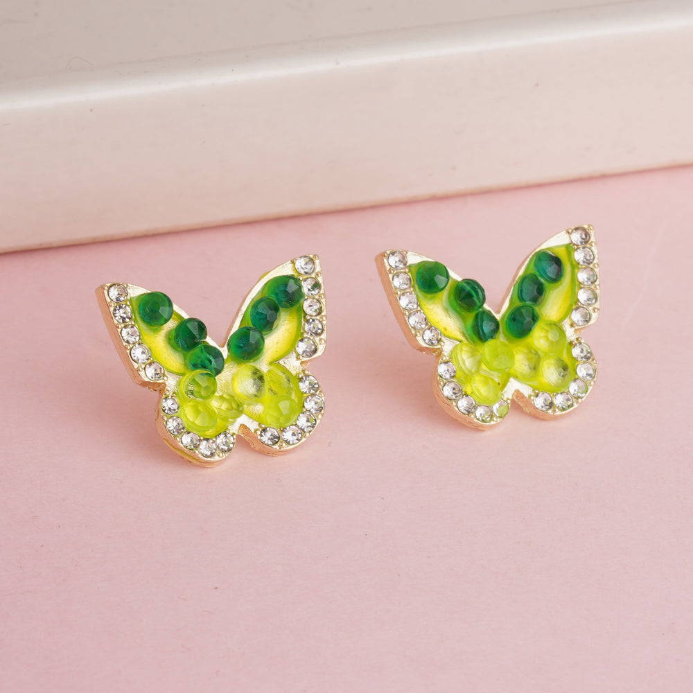 Vibrant Gold Plated Green Gradient Butterfly Stud Earrings with Crystal Border
