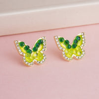 Vibrant Gold Plated Green Gradient Butterfly Stud Earrings with Crystal Border