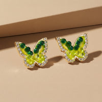Vibrant Gold Plated Green Gradient Butterfly Stud Earrings with Crystal Border