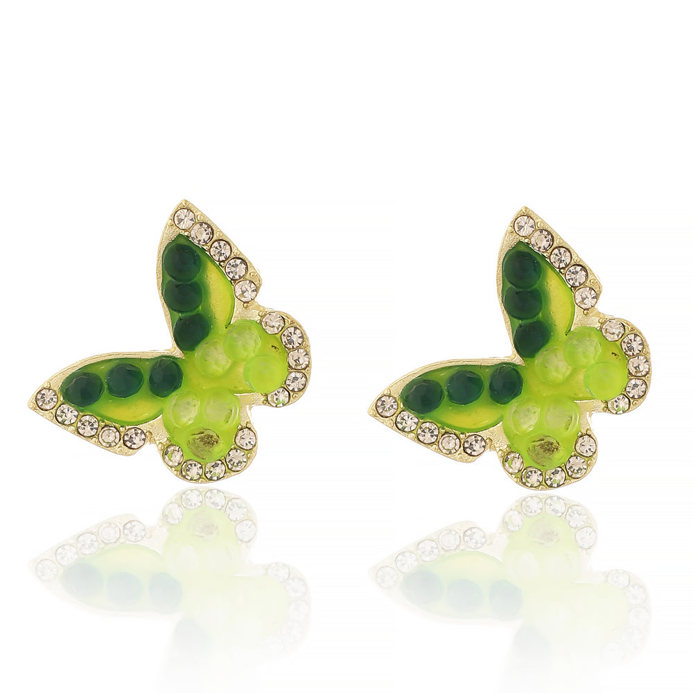 Vibrant Gold Plated Green Gradient Butterfly Stud Earrings with Crystal Border