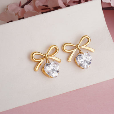 Romantic Gold Plated Ribbon Bow Dangle Earrings with Heart-Cut Cubic Zirconia drop - Second Image