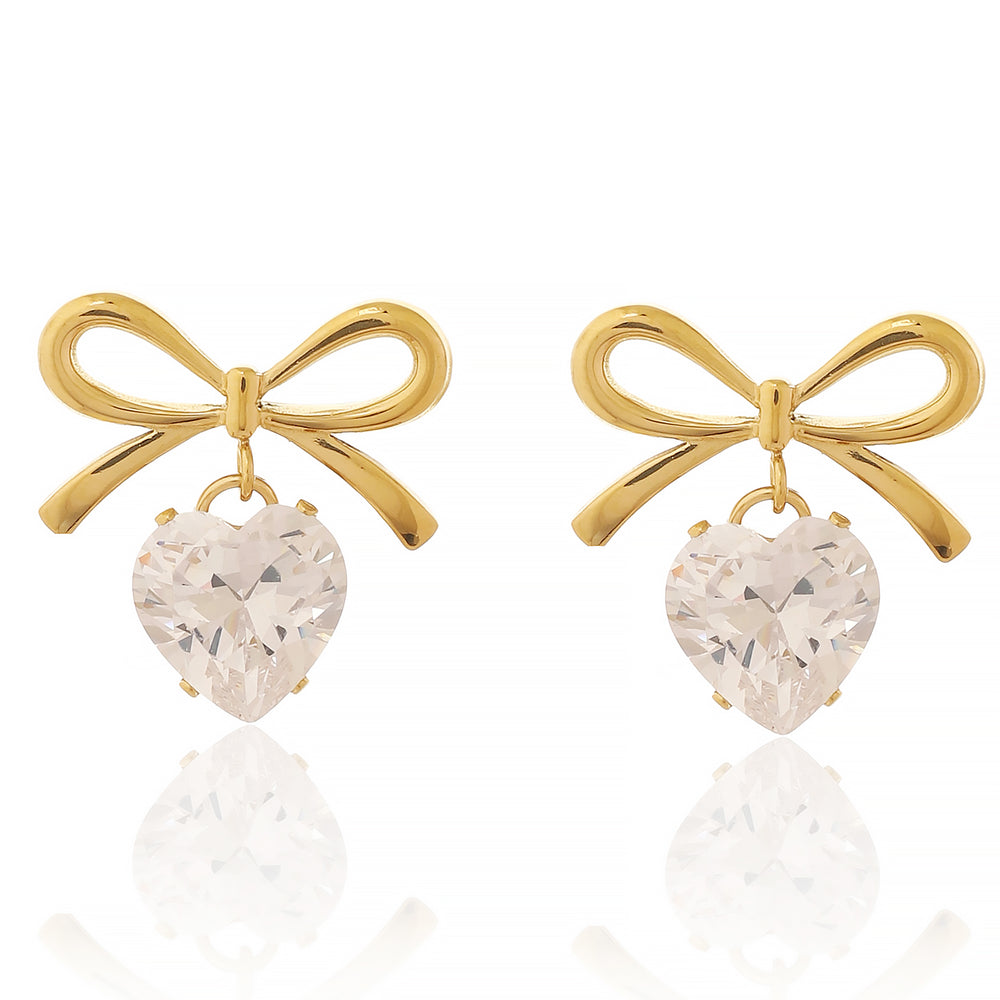 Romantic Gold Plated Ribbon Bow Dangle Earrings with Heart-Cut Cubic Zirconia drop