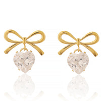 Romantic Gold Plated Ribbon Bow Dangle Earrings with Heart-Cut Cubic Zirconia drop