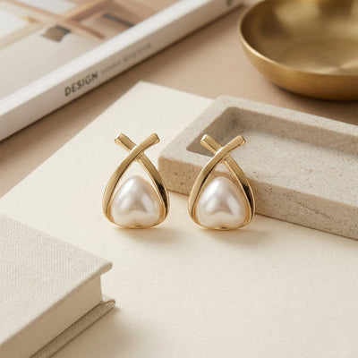 Minimalist Gold Plated Criss-Cross "X" Design Stud Earrings with Teardrop Shell Pearl