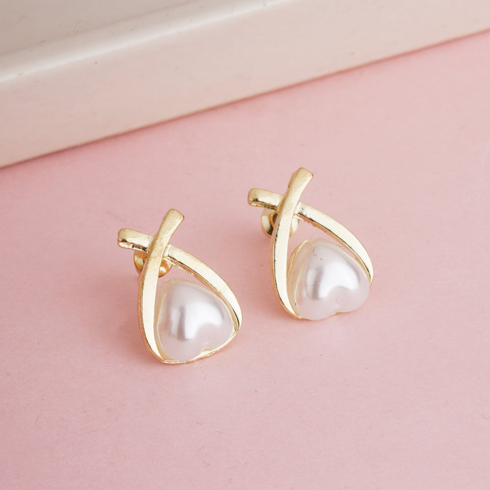 Minimalist Gold Plated Criss-Cross "X" Design Stud Earrings with Teardrop Shell Pearl
