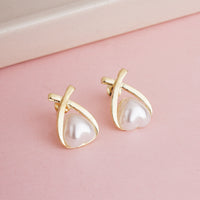 Minimalist Gold Plated Criss-Cross "X" Design Stud Earrings with Teardrop Shell Pearl