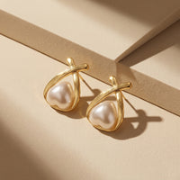 Minimalist Gold Plated Criss-Cross "X" Design Stud Earrings with Teardrop Shell Pearl