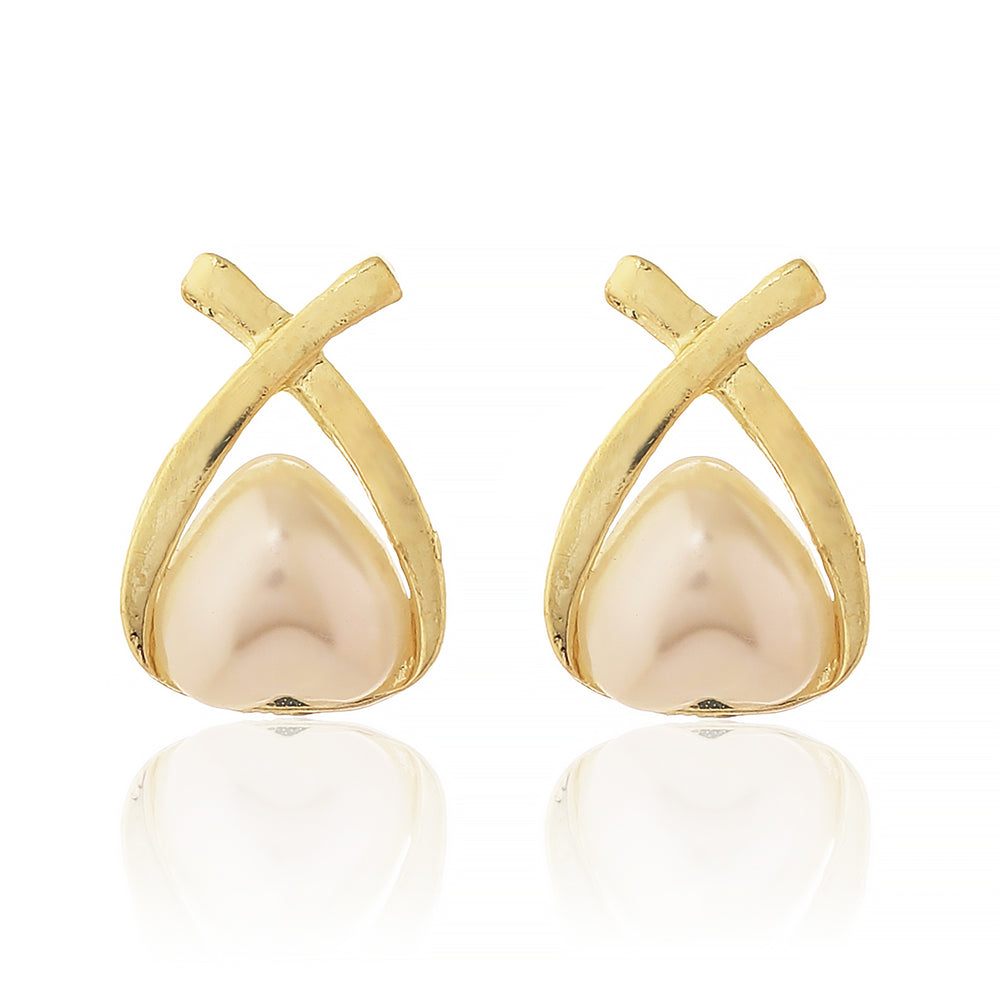 Minimalist Gold Plated Criss-Cross "X" Design Stud Earrings with Teardrop Shell Pearl