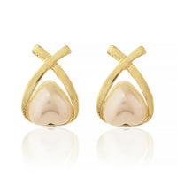 Minimalist Gold Plated Criss-Cross "X" Design Stud Earrings with Teardrop Shell Pearl