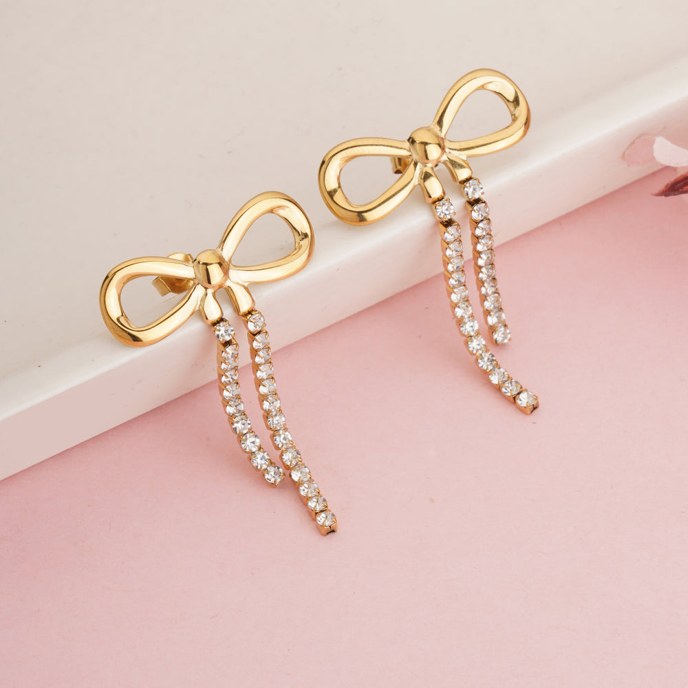 Trendy Gold Plated Ribbon Bow Earrings with Long Crystal Dangles for Party Wear