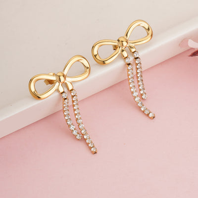 Trendy Gold Plated Ribbon Bow Earrings with Long Crystal Dangles for Party Wear - Second Image