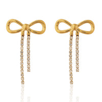 Trendy Gold Plated Ribbon Bow Earrings with Long Crystal Dangles for Party Wear