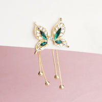Luxury Gold Plated Butterfly Wing Chain Earrings with Emerald Green Marquise Crystals