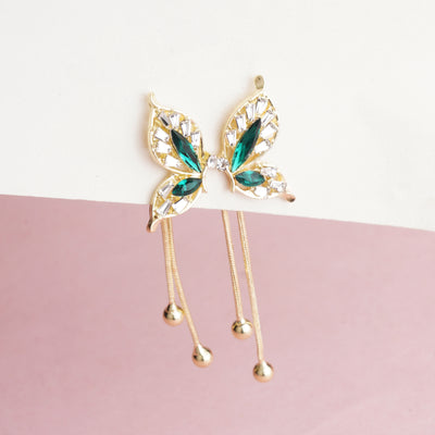 Luxury Gold Plated Butterfly Wing Chain Earrings with Emerald Green Marquise Crystals - Second Image