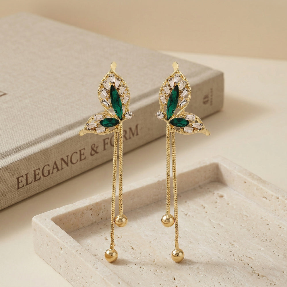 Luxury Gold Plated Butterfly Wing Chain Earrings with Emerald Green Marquise Crystals