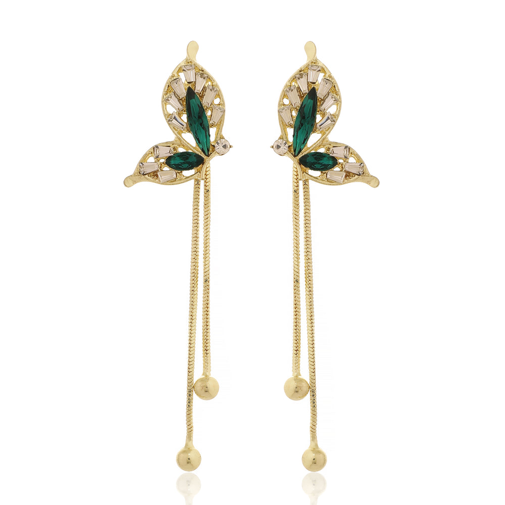 Luxury Gold Plated Butterfly Wing Chain Earrings with Emerald Green Marquise Crystals
