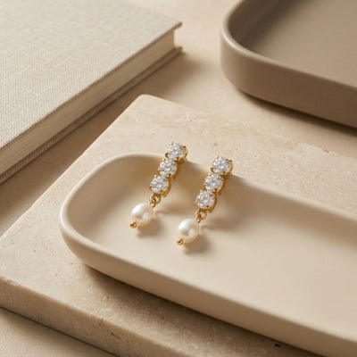 Vintage Style Gold Plated Round-Cut Crystal Drop Earrings with White Oval Pearl Top