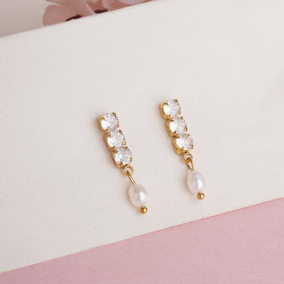 Vintage Style Gold Plated Round-Cut Crystal Drop Earrings with White Oval Pearl Top - Second Image