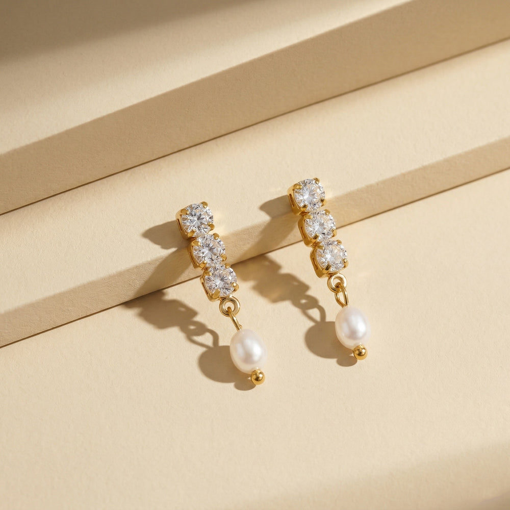 Vintage Style Gold Plated Round-Cut Crystal Drop Earrings with White Oval Pearl Top