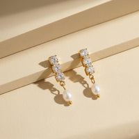 Vintage Style Gold Plated Round-Cut Crystal Drop Earrings with White Oval Pearl Top