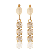 Vintage Style Gold Plated Round-Cut Crystal Drop Earrings with White Oval Pearl Top