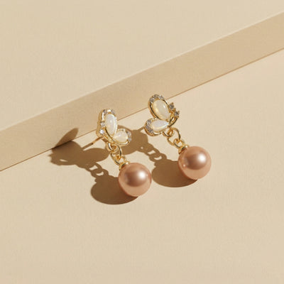 Artistic Gold Plated Cat's Eye Butterfly Dangle Earrings with Peach Round Pearl Drops