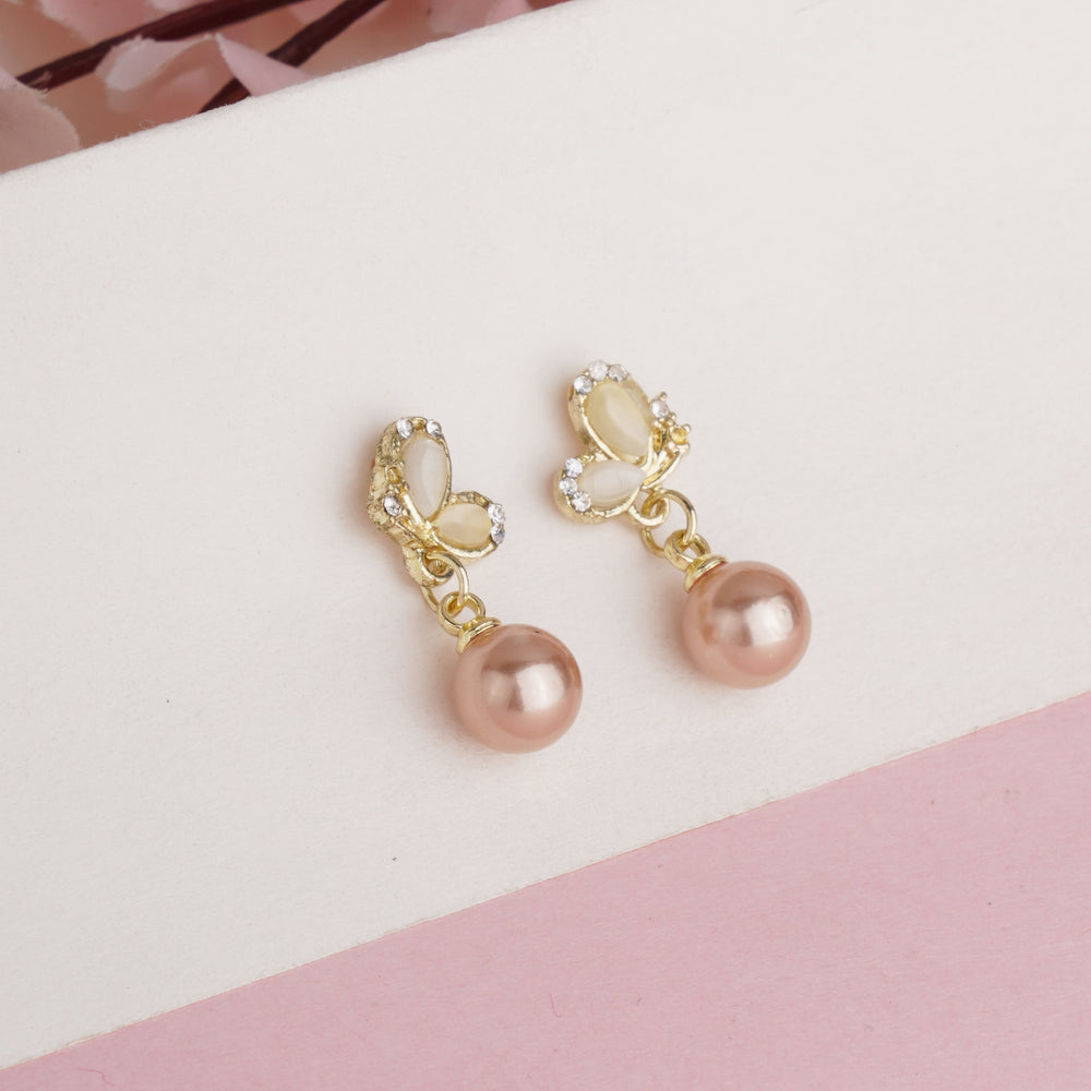 Artistic Gold Plated Cat's Eye Butterfly Dangle Earrings with Peach Round Pearl Drops