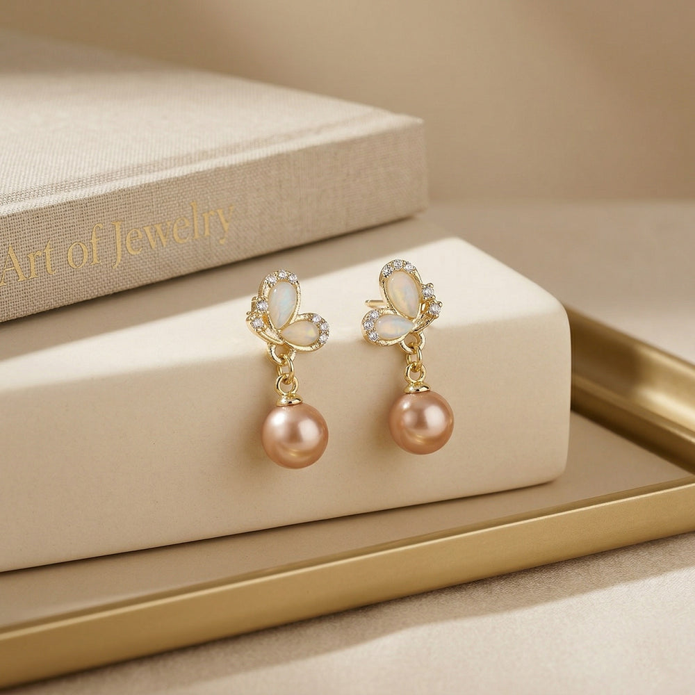 Artistic Gold Plated Cat's Eye Butterfly Dangle Earrings with Peach Round Pearl Drops