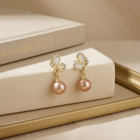 Artistic Gold Plated Cat's Eye Butterfly Dangle Earrings with Peach Round Pearl Drops