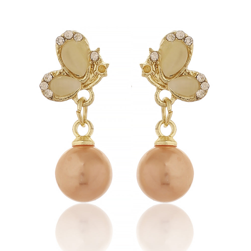 Artistic Gold Plated Cat's Eye Butterfly Dangle Earrings with Peach Round Pearl Drops