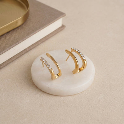 Chic Gold Plated Double Row Huggie Hoop Earrings with Pave-Set Brilliant White Crystals