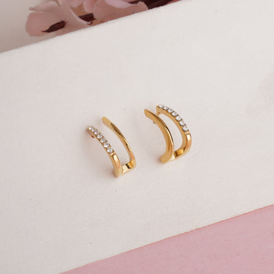 Chic Gold Plated Double Row Huggie Hoop Earrings with Pave-Set Brilliant White Crystals - Second Image