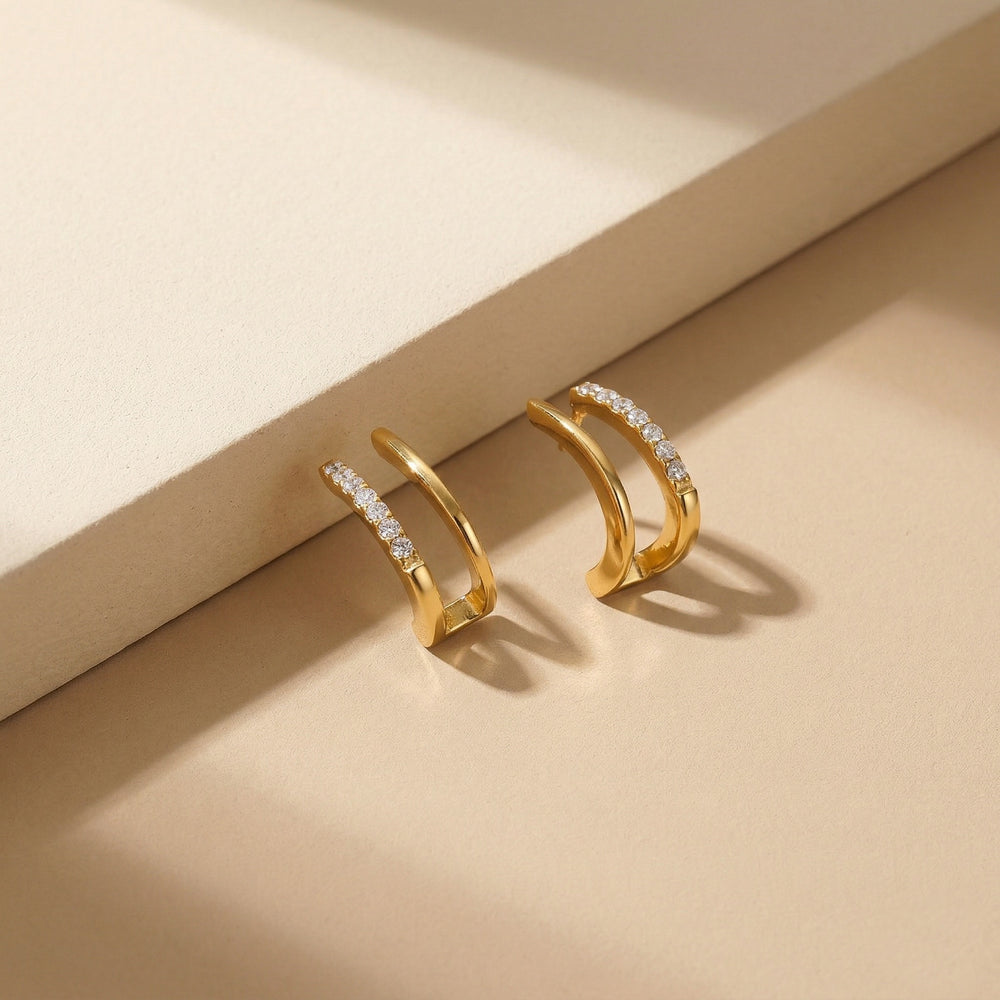 Chic Gold Plated Double Row Huggie Hoop Earrings with Pave-Set Brilliant White Crystals