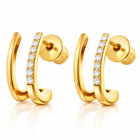 Chic Gold Plated Double Row Huggie Hoop Earrings with Pave-Set Brilliant White Crystals
