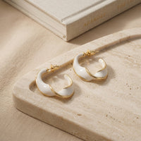 Contemporary Gold Plated Irregular Wavy C-Hoop Earrings with Creamy White Enamel Finish