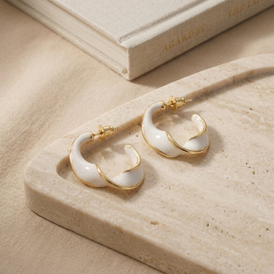 Contemporary Gold Plated Irregular Wavy C-Hoop Earrings with Creamy White Enamel Finish