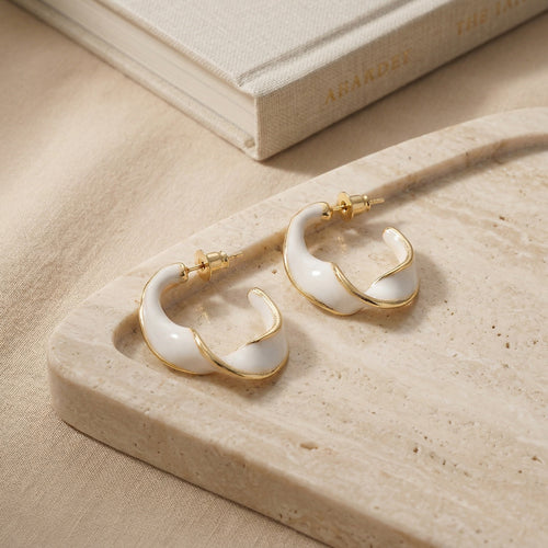 Contemporary Gold Plated Irregular Wavy C-Hoop Earrings with Creamy White Enamel Finish