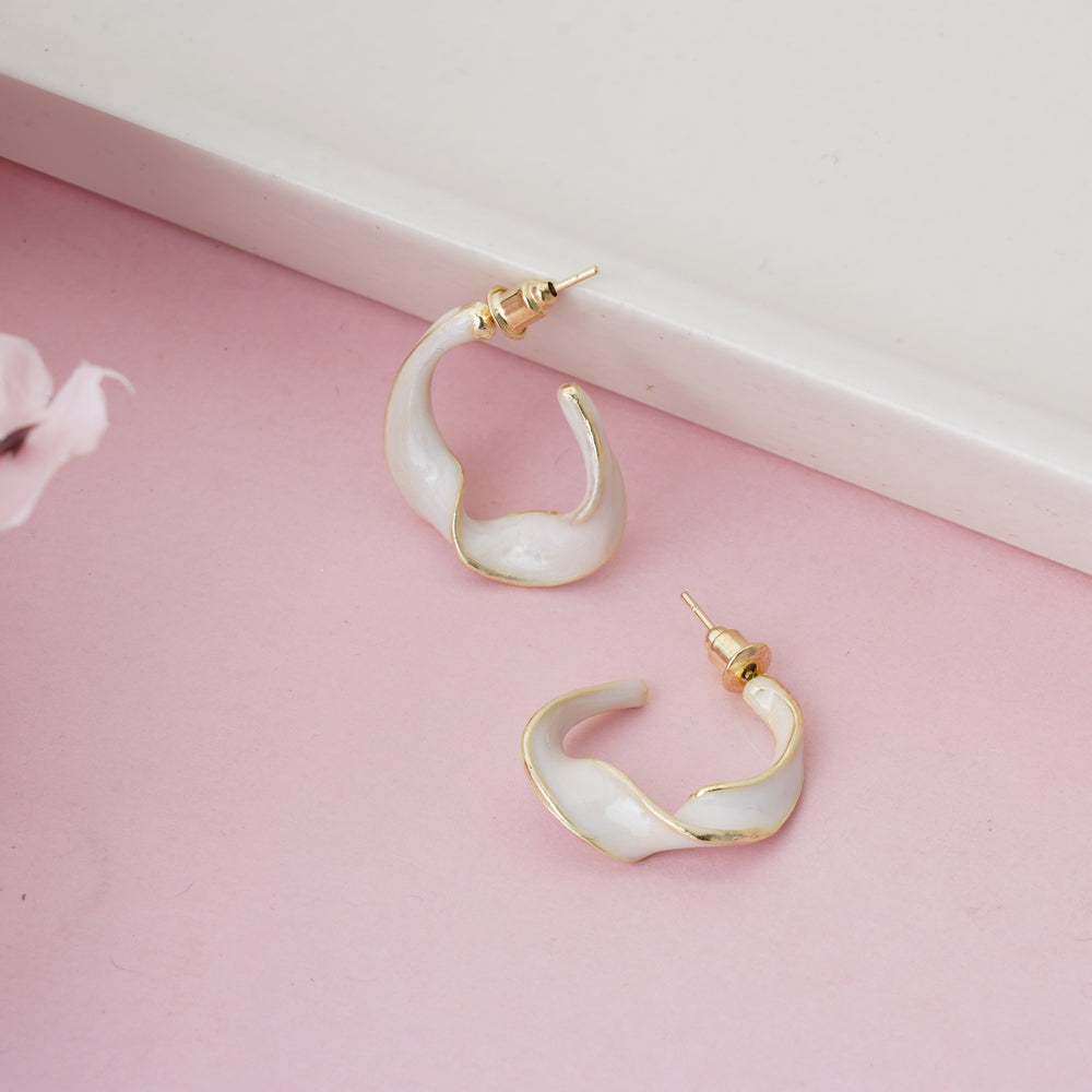 Contemporary Gold Plated Irregular Wavy C-Hoop Earrings with Creamy White Enamel Finish