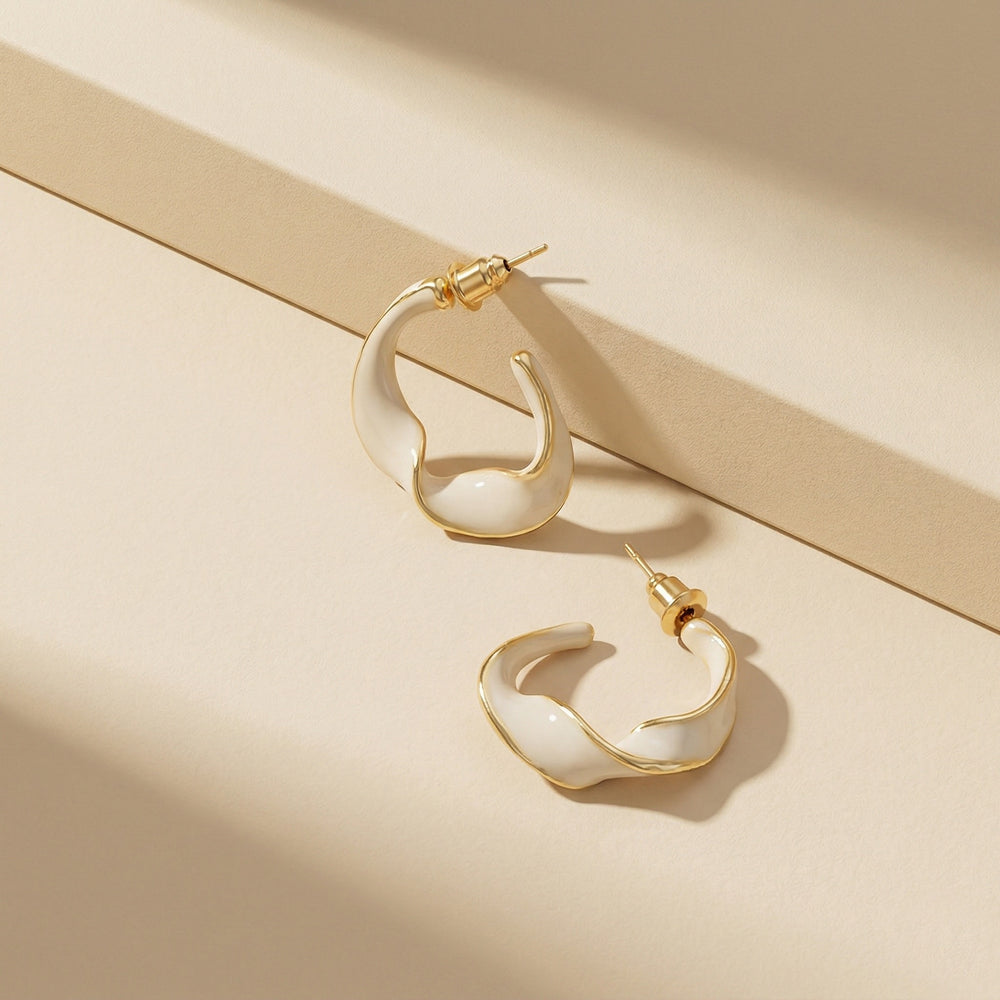 Contemporary Gold Plated Irregular Wavy C-Hoop Earrings with Creamy White Enamel Finish