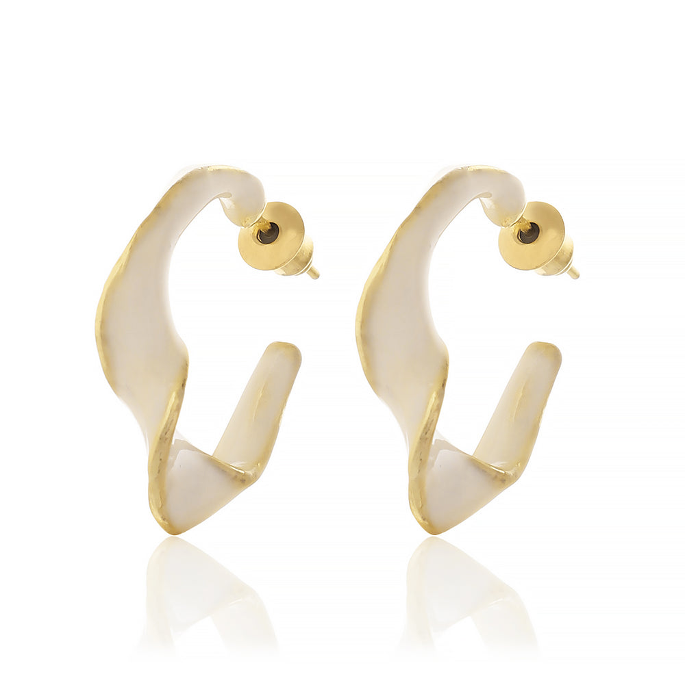 Contemporary Gold Plated Irregular Wavy C-Hoop Earrings with Creamy White Enamel Finish