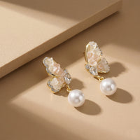 Luxury Gold Plated Butterfly Dangle Earrings with Champagne Crystals White Round Pearls