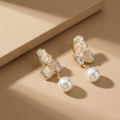 Luxury Gold Plated Butterfly Dangle Earrings with Champagne Crystals White Round Pearls