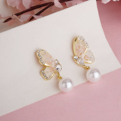 Luxury Gold Plated Butterfly Dangle Earrings with Champagne Crystals White Round Pearls - Second Image