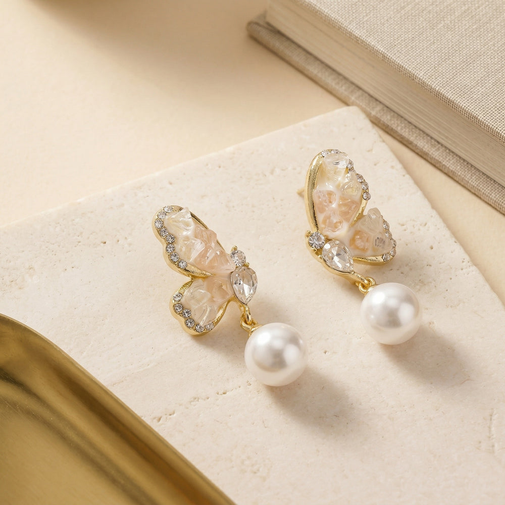 Luxury Gold Plated Butterfly Dangle Earrings with Champagne Crystals White Round Pearls