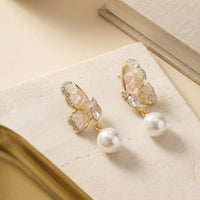 Luxury Gold Plated Butterfly Dangle Earrings with Champagne Crystals White Round Pearls