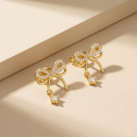 Dainty Gold Plated Pave Crystal Ribbon Bow Stud Earrings with Solitaire Zirconia Dangle